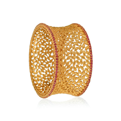 Matt Gold Plated Red American Diamond CZ Single Piece Kada Bangle