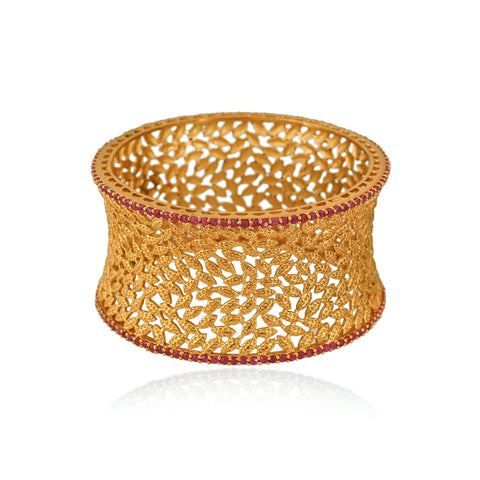 Matt Gold Plated Red American Diamond CZ Single Piece Kada Bangle