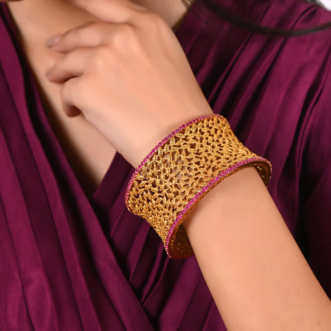 Matt Gold Plated Red American Diamond CZ Single Piece Kada Bangle