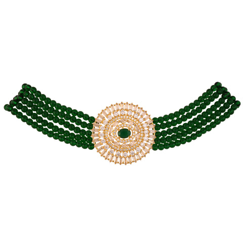 Gold Plated Classic Beads American Diamond CZ Green Choker Necklace Set With Earring