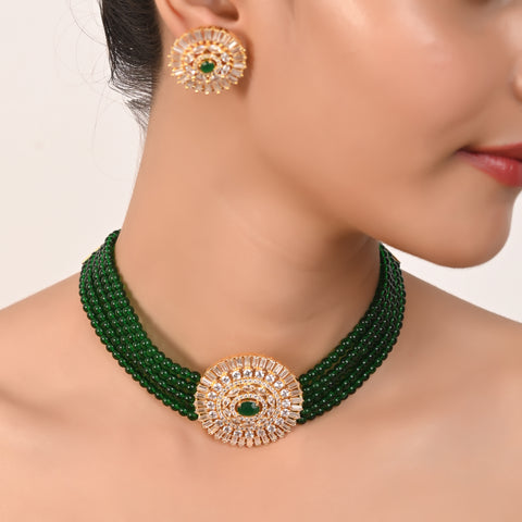 Gold Plated Classic Beads American Diamond CZ Green Choker Necklace Set With Earring