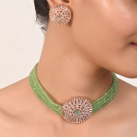 Rose Gold Plated Classic Beads American Diamond CZ Mint Green Choker Necklace Set With Earring