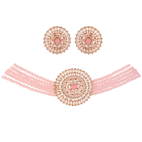 Rose Gold Plated Classic Beads American Diamond CZ Pink Choker Necklace Set With Earring