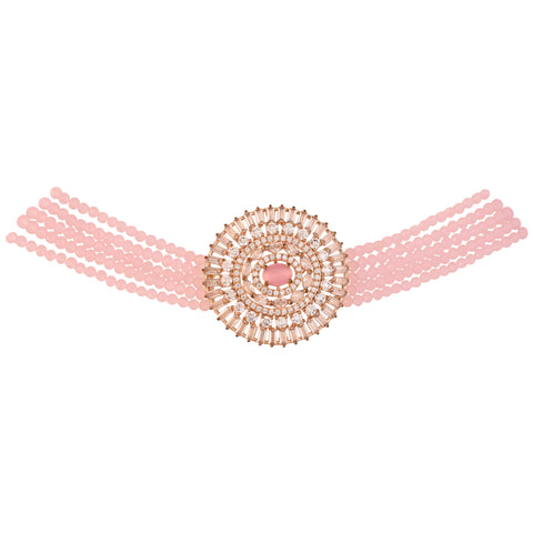 Rose Gold Plated Classic Beads American Diamond CZ Pink Choker Necklace Set With Earring
