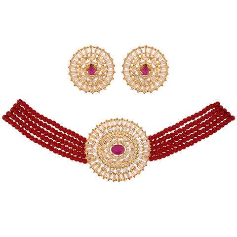 Gold Plated Classic Beads American Diamond CZ Red Choker Necklace Set With Earring