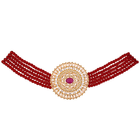 Gold Plated Classic Beads American Diamond CZ Red Choker Necklace Set With Earring