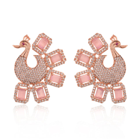 Rose Gold Plated American Diamond CZ Pink & White Peacock Dangle Earrings