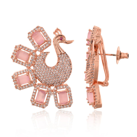 Rose Gold Plated American Diamond CZ Pink & White Peacock Dangle Earrings