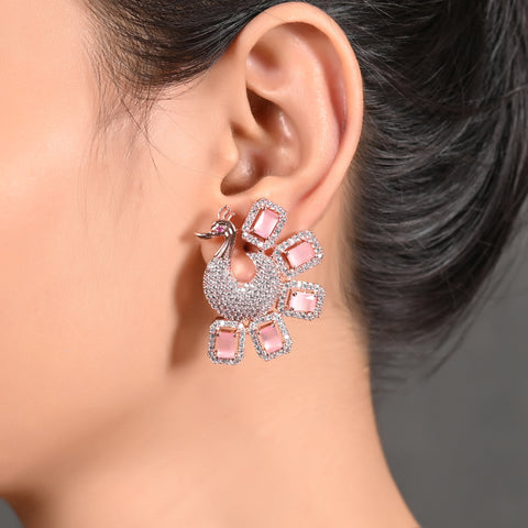 Rose Gold Plated American Diamond CZ Pink & White Peacock Dangle Earrings