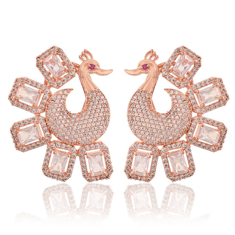 Rose Gold Plated American Diamond CZ Pink & White Peacock Dangle Earrings