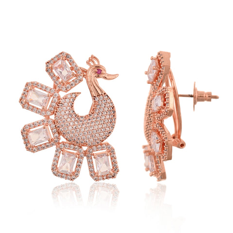 Rose Gold Plated American Diamond CZ Pink & White Peacock Dangle Earrings