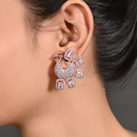 Rose Gold Plated American Diamond CZ Pink & White Peacock Dangle Earrings