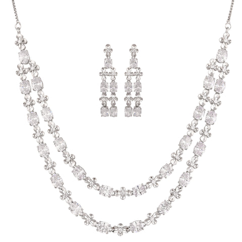 Silver Plated American Diamond CZ Double Line Necklace Set With Earring