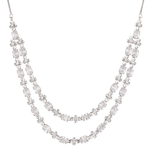 Silver Plated American Diamond CZ Double Line Necklace Set With Earring