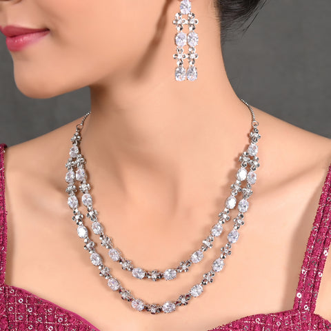 Silver Plated American Diamond CZ Double Line Necklace Set With Earring