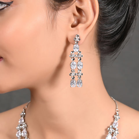 Silver Plated American Diamond CZ Double Line Necklace Set With Earring