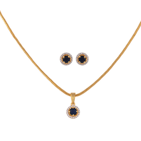 Gold Plated American Diamond CZ Round Pendant Set With Earring and Chain