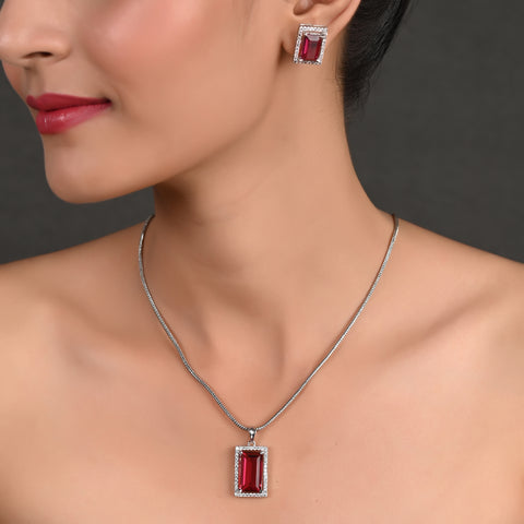 Silver Plated American Diamond CZ Square Pendant Set With Earring and Chain