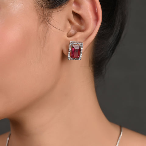 Silver Plated American Diamond CZ Square Pendant Set With Earring and Chain