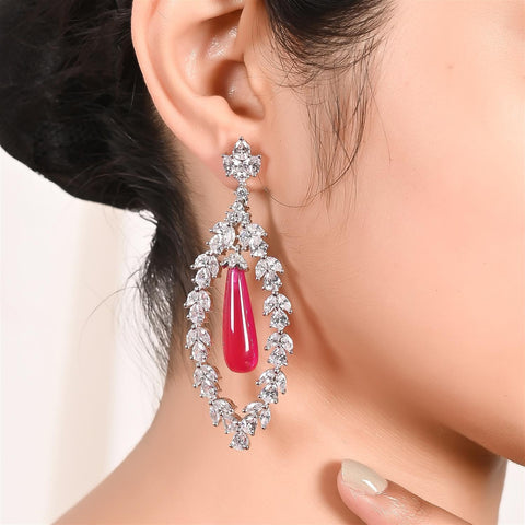 Silver Plated American Diamond CZ Long Dangle Drop Statement Earrings