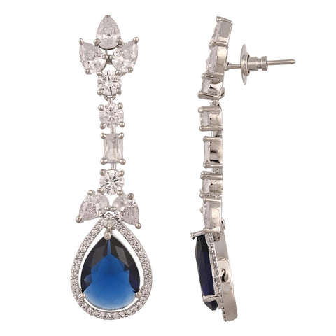 Silver Plated Blue American Diamond CZ Dangle Drop Earrings