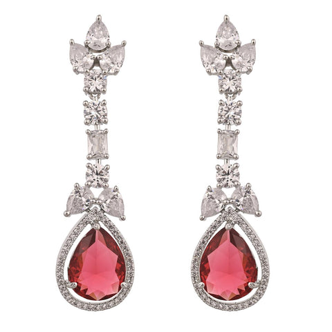 Silver Plated Red American Diamond CZ Dangle Drop Earrings