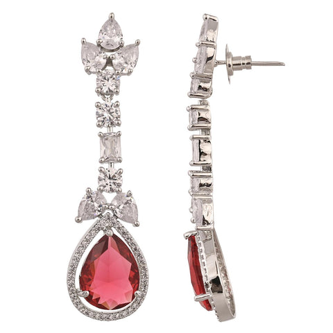 Silver Plated Red American Diamond CZ Dangle Drop Earrings