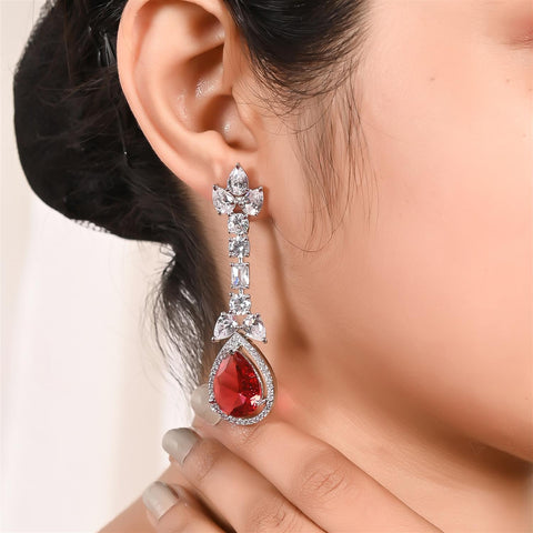 Silver Plated Red American Diamond CZ Dangle Drop Earrings