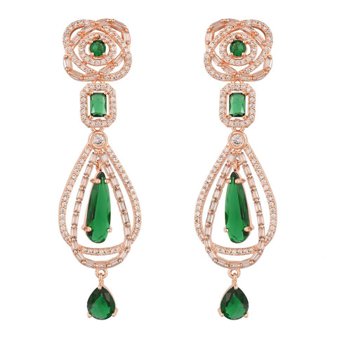 Rose Gold Plated American Diamond CZ Pink Long Dangle Drop Earrings