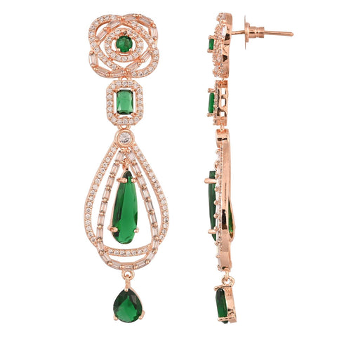 Rose Gold Plated American Diamond CZ Pink Long Dangle Drop Earrings