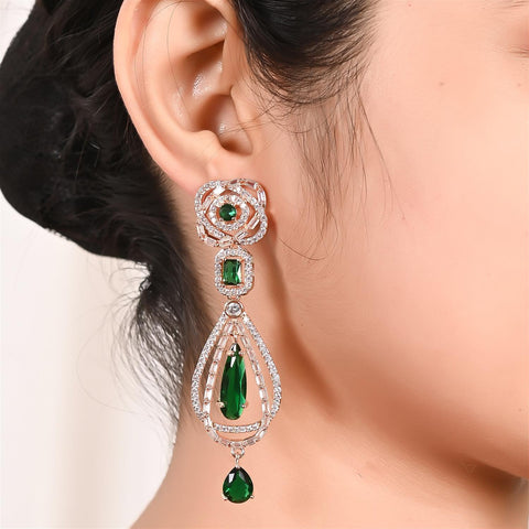 Rose Gold Plated American Diamond CZ Pink Long Dangle Drop Earrings