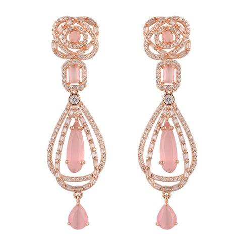 Rose Gold Plated American Diamond CZ Pink Long Dangle Drop Earrings