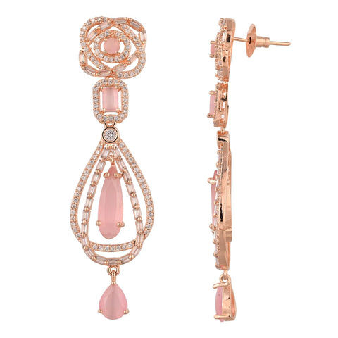 Rose Gold Plated American Diamond CZ Pink Long Dangle Drop Earrings