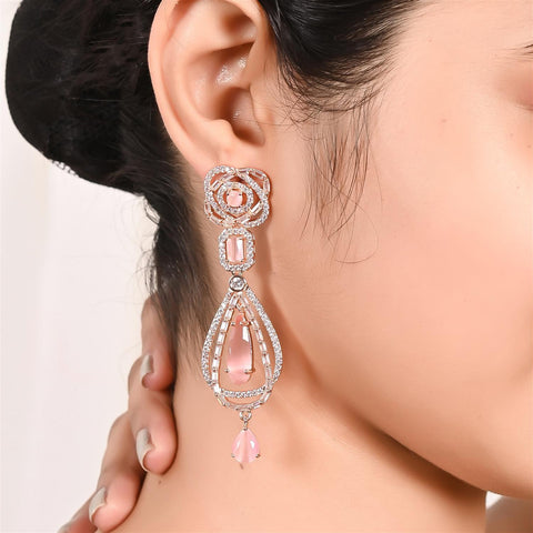 Rose Gold Plated American Diamond CZ Pink Long Dangle Drop Earrings