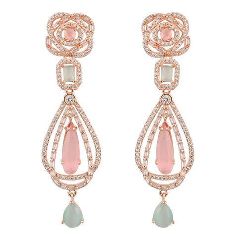 Rose Gold Plated American Diamond CZ Pink Long Dangle Drop Earrings