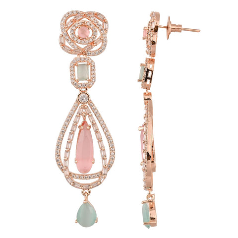 Rose Gold Plated American Diamond CZ Pink Long Dangle Drop Earrings