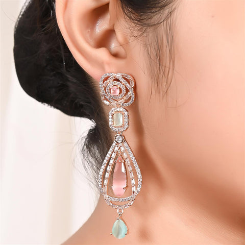 Rose Gold Plated American Diamond CZ Pink Long Dangle Drop Earrings