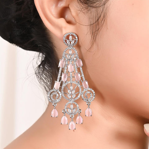 Silver Plated American Diamond CZ Pink Bold Dangle Drop Earrings