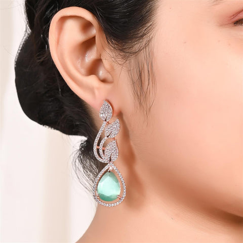 Rose Gold Plated American Diamond CZ Floral Dangle Drop Earrings