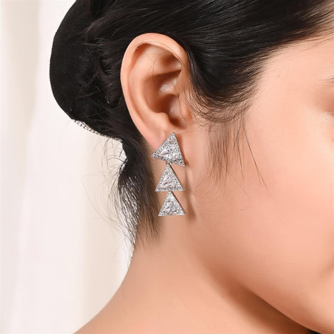 Silver Plated American Diamond CZ Traingle Drop Earrings