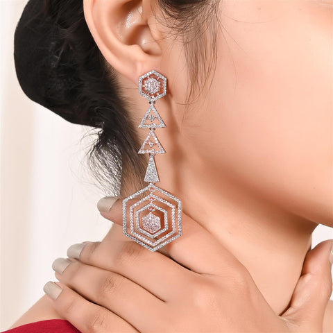 Rose Gold Plated American Diamond CZ White Dangle Drop Earrings
