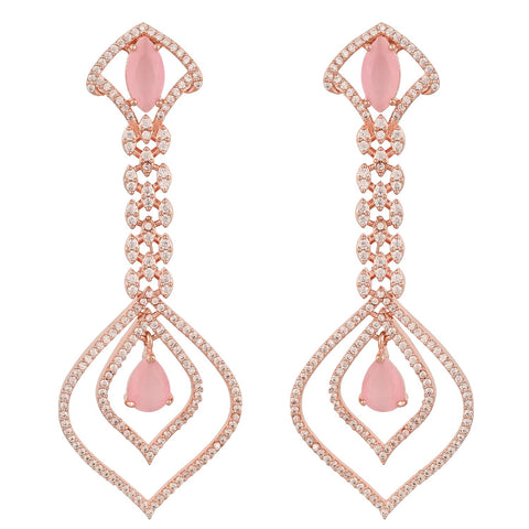 Rose Gold Plated American Diamond CZ Pink Dangle Drop Earrings