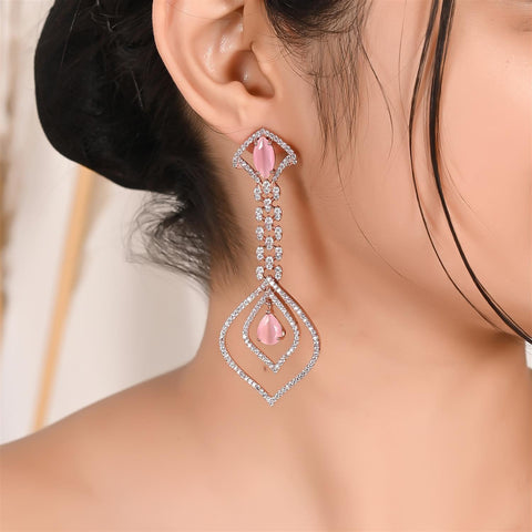 Rose Gold Plated American Diamond CZ Pink Dangle Drop Earrings