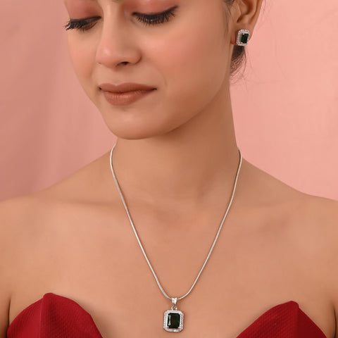 Silver Plated American Diamond CZ Square Pendant Set With Earring and Chain