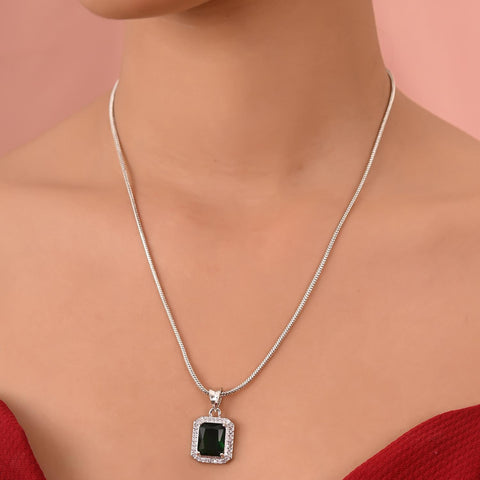 Silver Plated American Diamond CZ Square Pendant Set With Earring and Chain