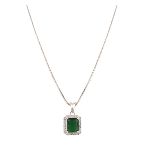 Silver Plated American Diamond CZ Square Pendant Set With Earring and Chain