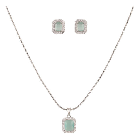 Silver Plated American Diamond CZ Square Pendant Set With Earring and Chain