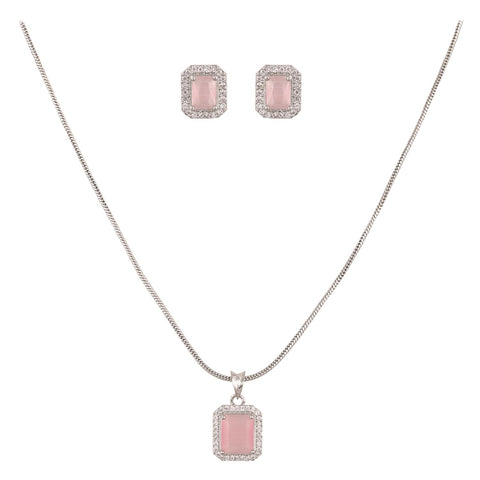 Silver Plated American Diamond CZ Square Pendant Set With Earring and Chain