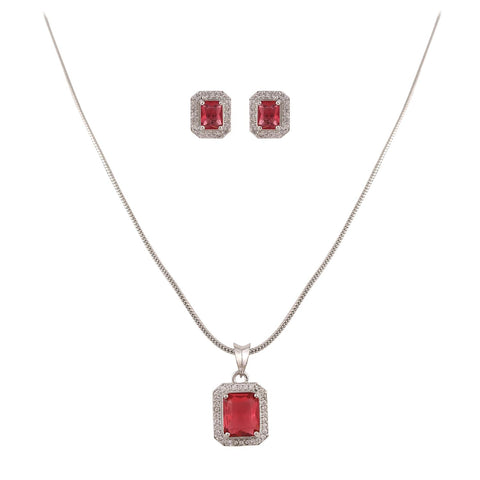 Silver Plated American Diamond CZ Square Pendant Set With Earring and Chain