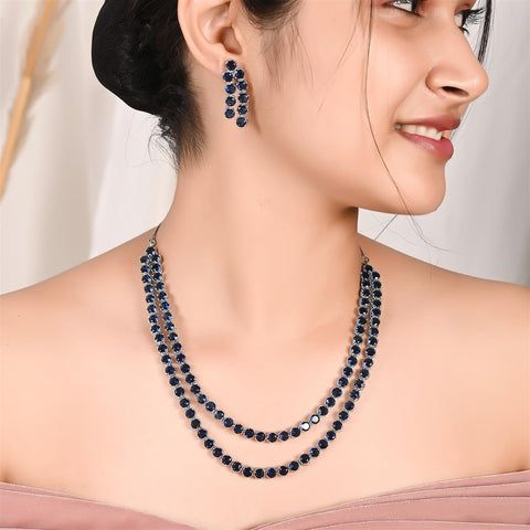 Silver Plated American Diamond CZ Double Layer Necklace Set